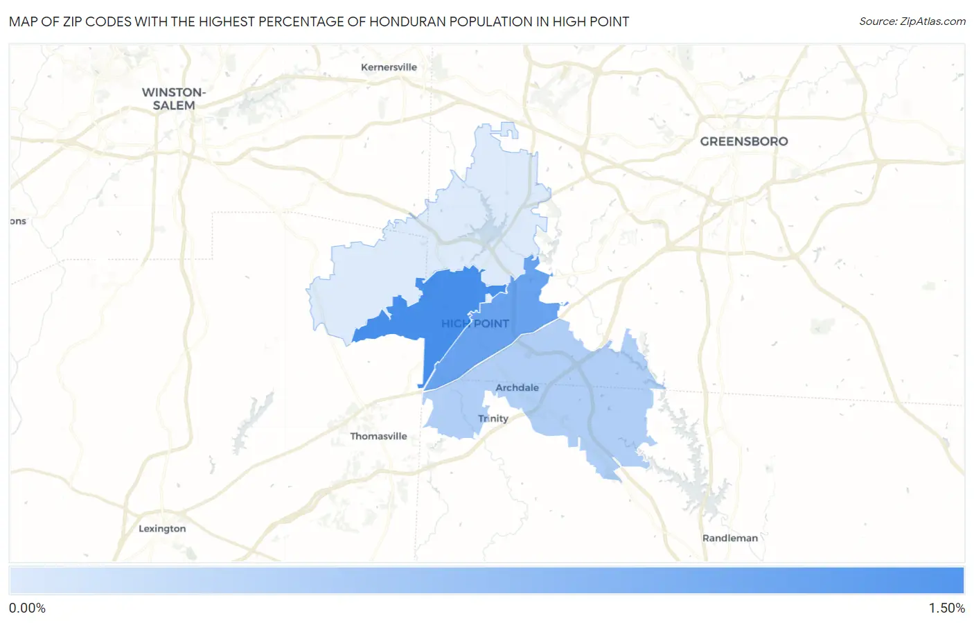Zip Codes with the Highest Percentage of Honduran Population in High Point Map