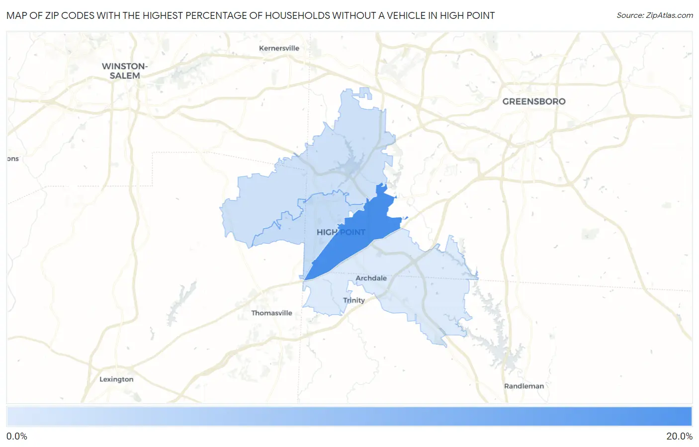 Zip Codes with the Highest Percentage of Households Without a Vehicle in High Point Map