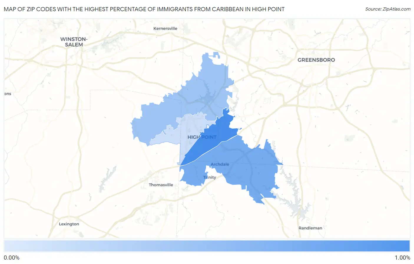 Zip Codes with the Highest Percentage of Immigrants from Caribbean in High Point Map