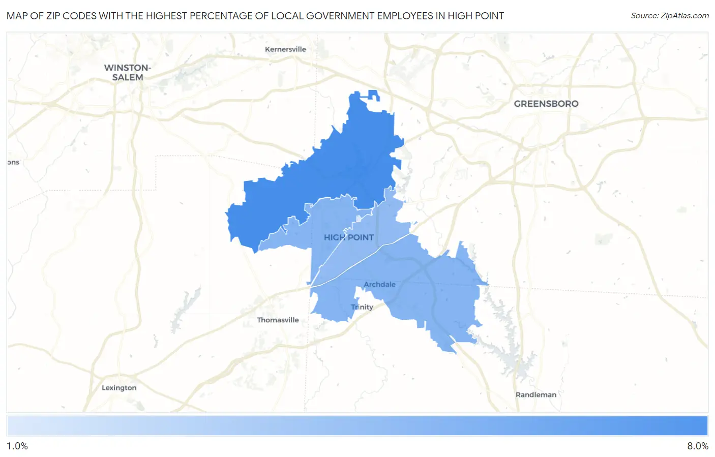 Zip Codes with the Highest Percentage of Local Government Employees in High Point Map