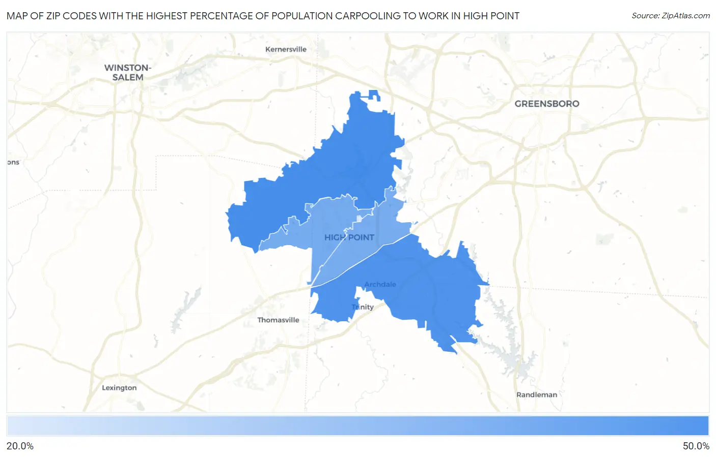 Zip Codes with the Highest Percentage of Population Carpooling to Work in High Point Map