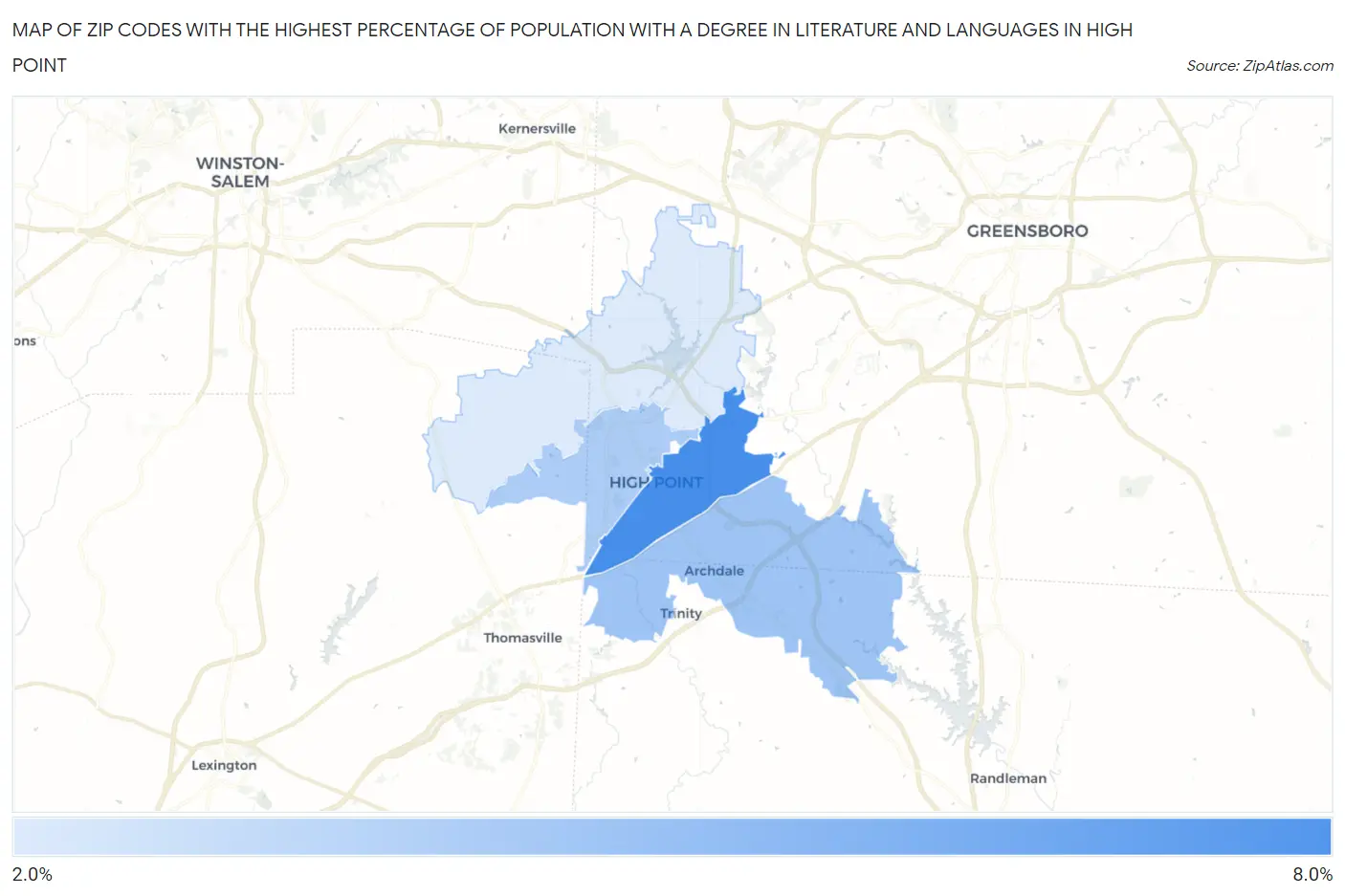 Zip Codes with the Highest Percentage of Population with a Degree in Literature and Languages in High Point Map