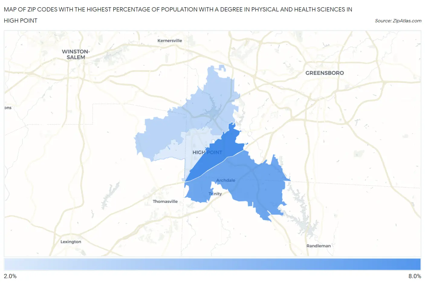 Zip Codes with the Highest Percentage of Population with a Degree in Physical and Health Sciences in High Point Map