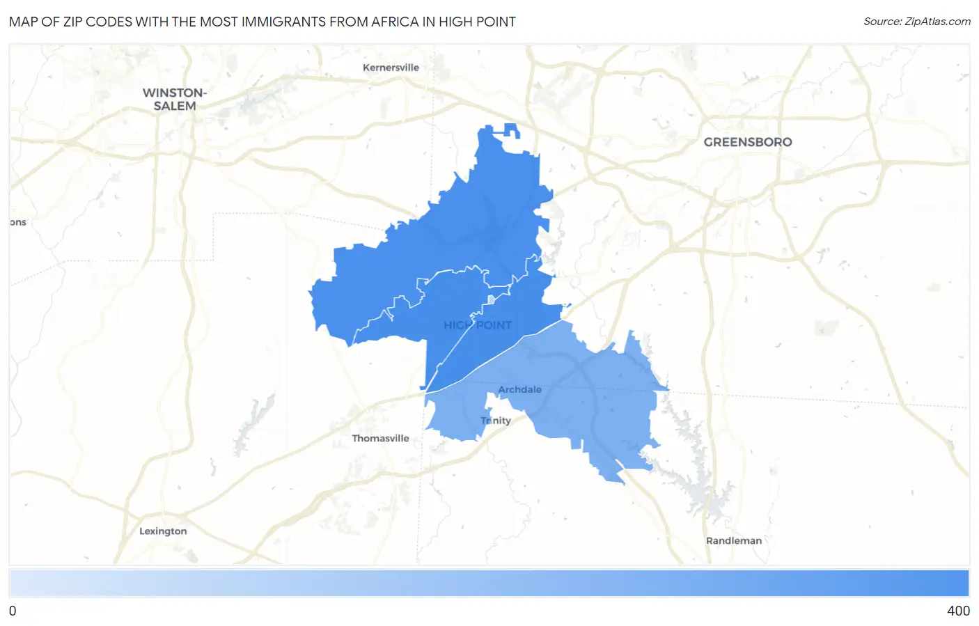 Zip Codes with the Most Immigrants from Africa in High Point Map
