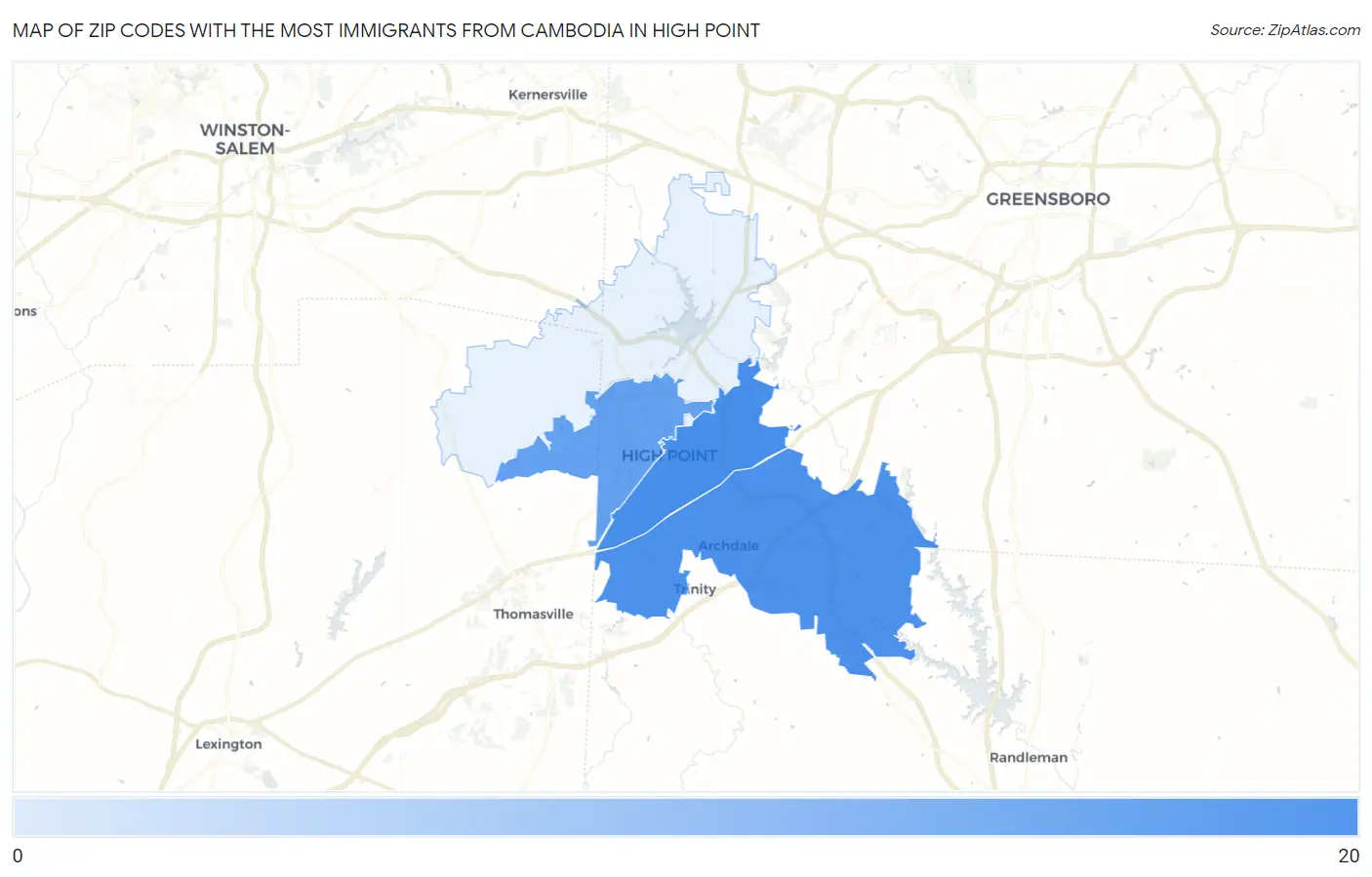 Zip Codes with the Most Immigrants from Cambodia in High Point Map