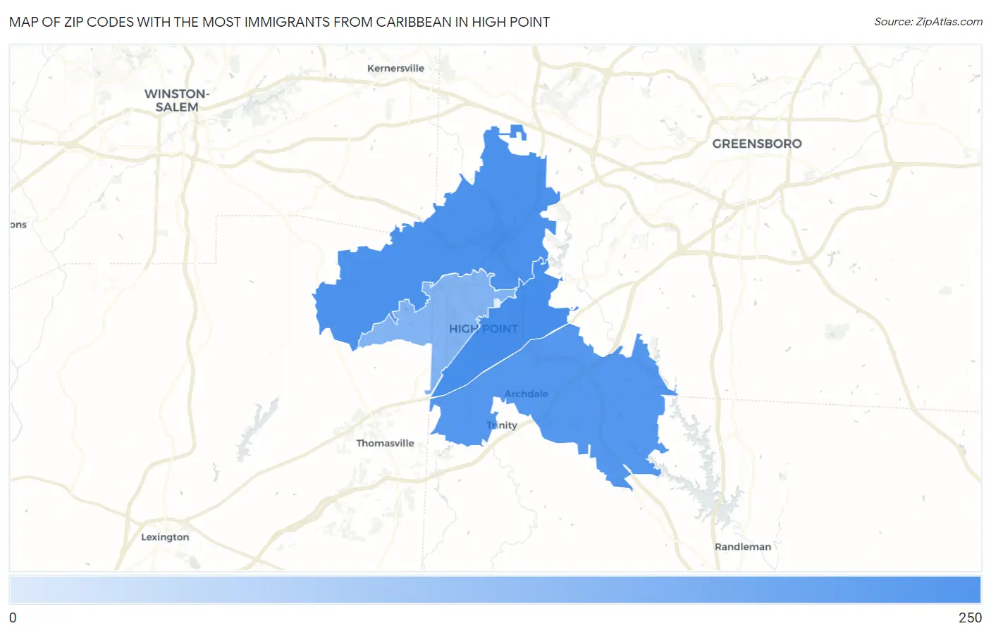 Zip Codes with the Most Immigrants from Caribbean in High Point Map