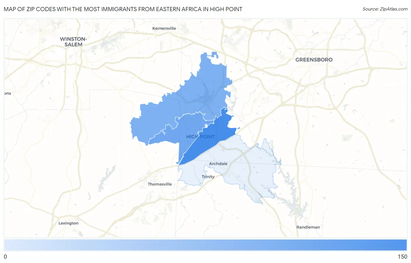 Zip Codes with the Most Immigrants from Eastern Africa in High Point Map