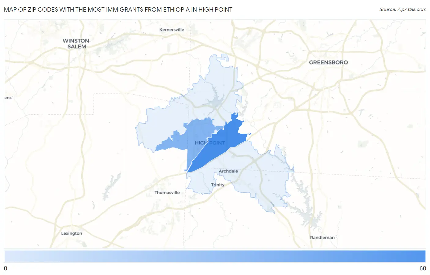 Zip Codes with the Most Immigrants from Ethiopia in High Point Map