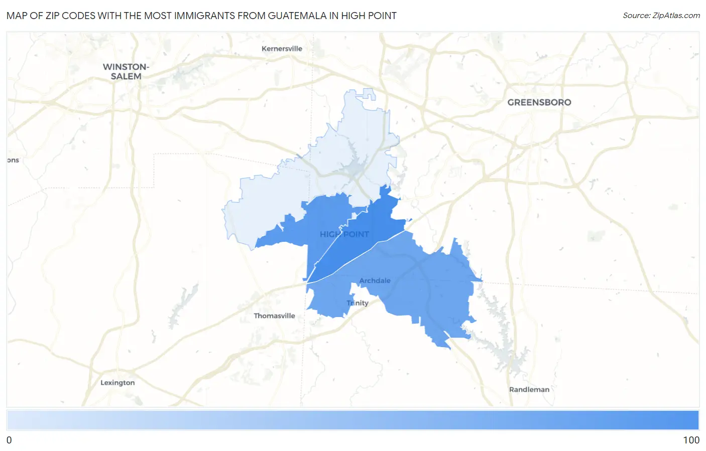 Zip Codes with the Most Immigrants from Guatemala in High Point Map