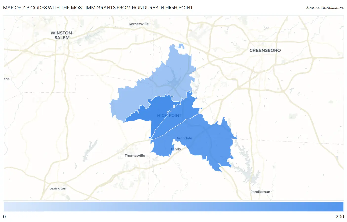 Zip Codes with the Most Immigrants from Honduras in High Point Map