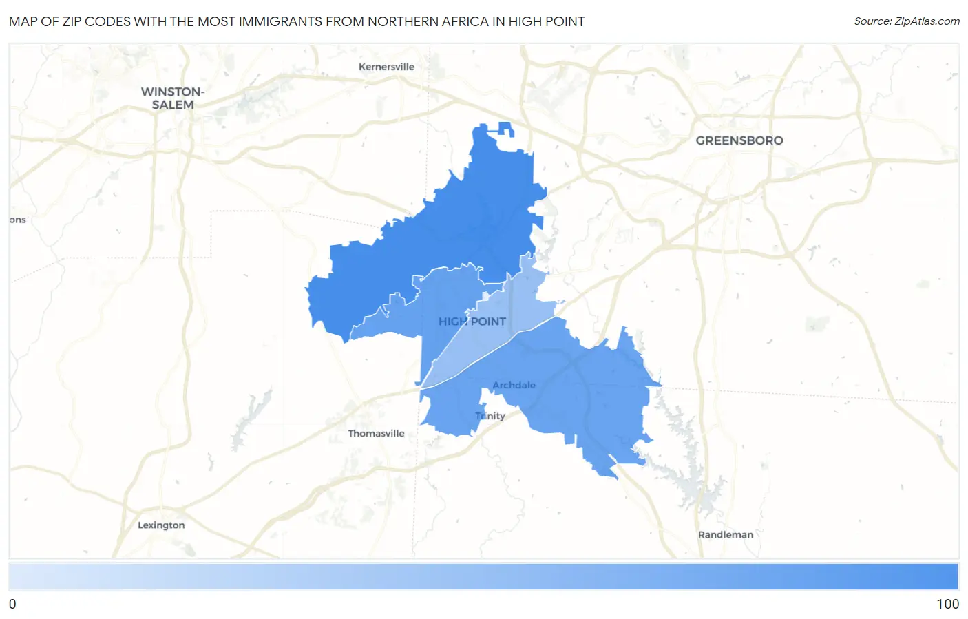 Zip Codes with the Most Immigrants from Northern Africa in High Point Map