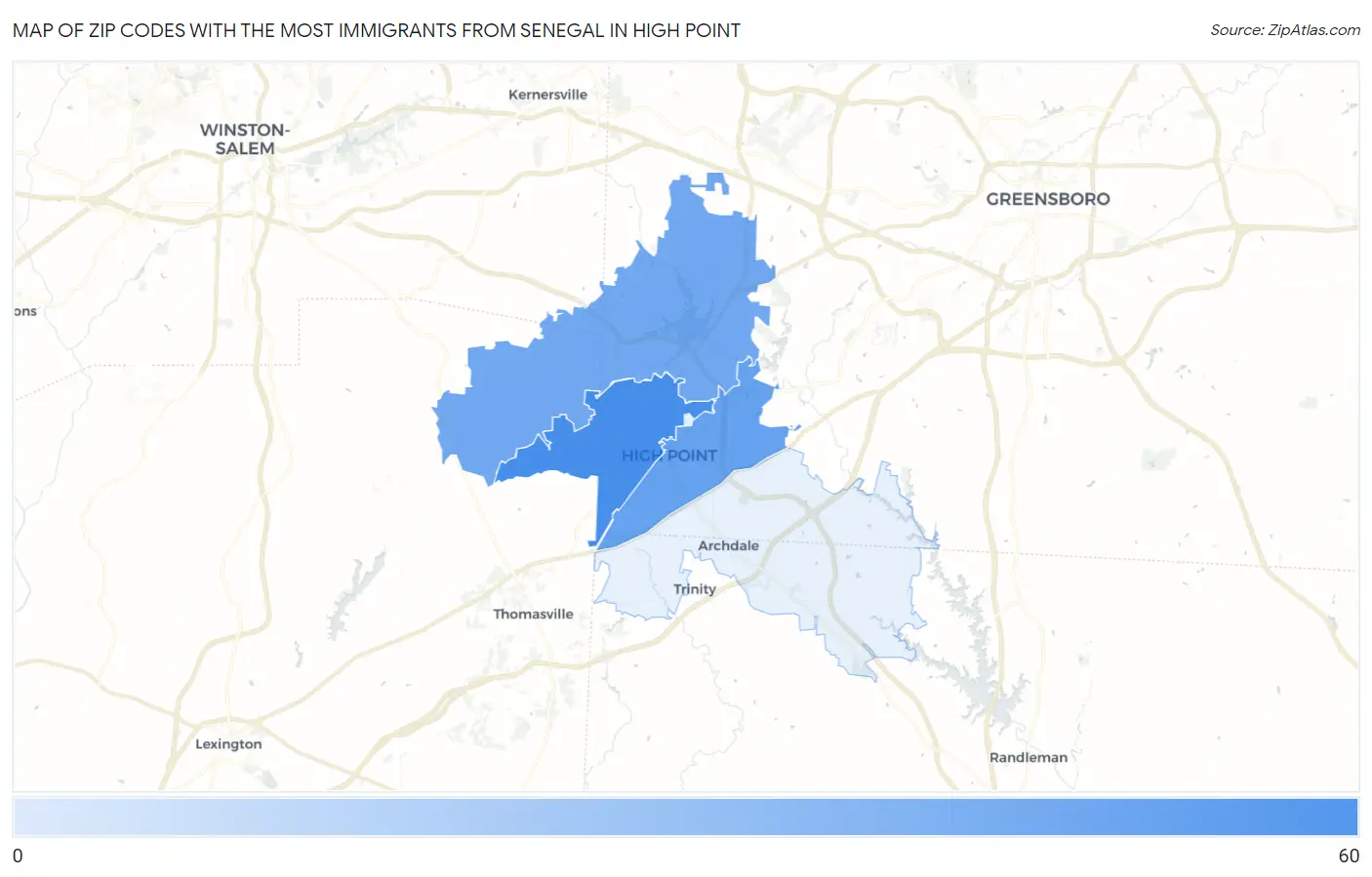 Zip Codes with the Most Immigrants from Senegal in High Point Map