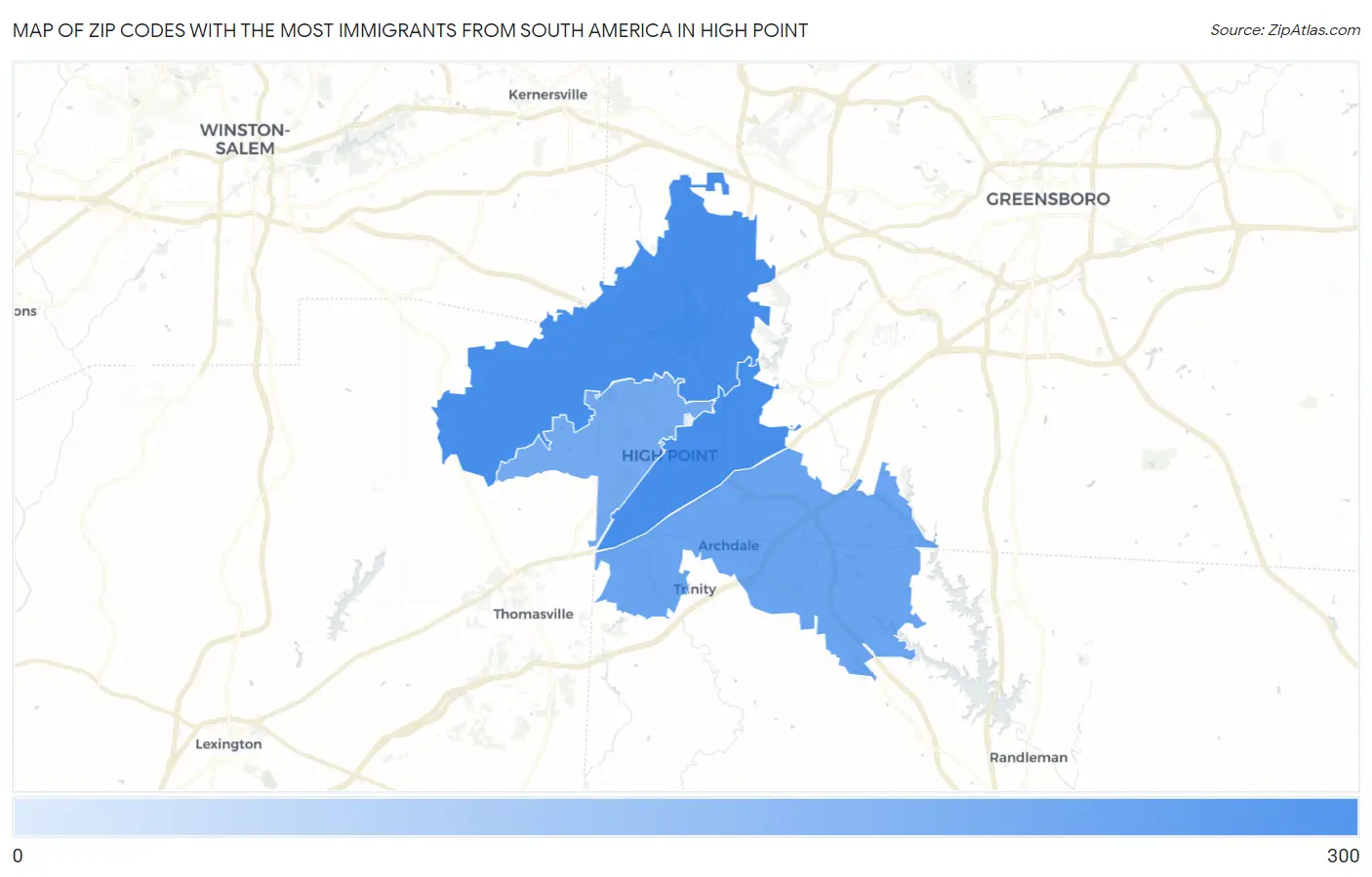 Zip Codes with the Most Immigrants from South America in High Point Map