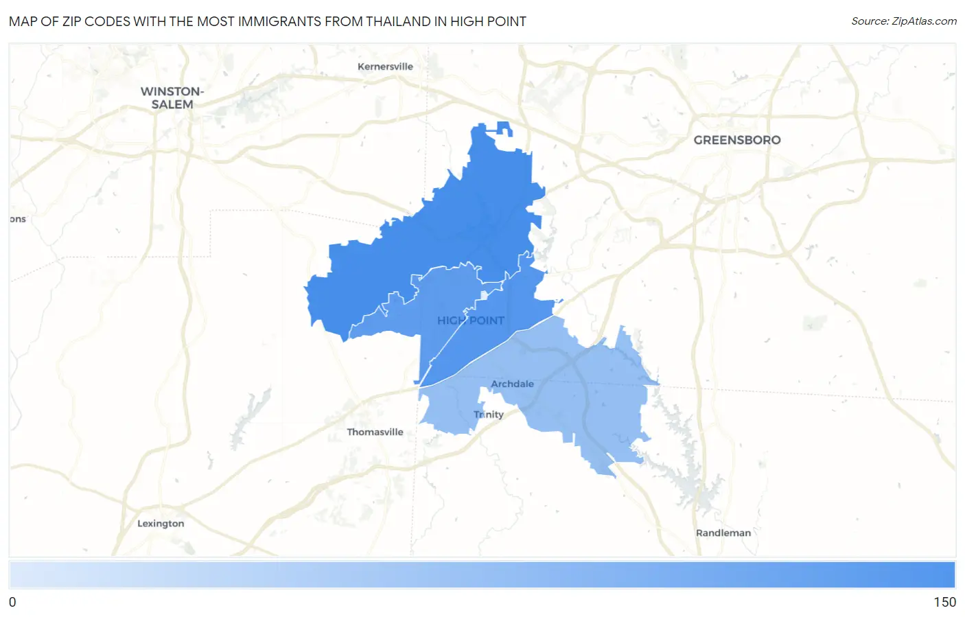 Zip Codes with the Most Immigrants from Thailand in High Point Map