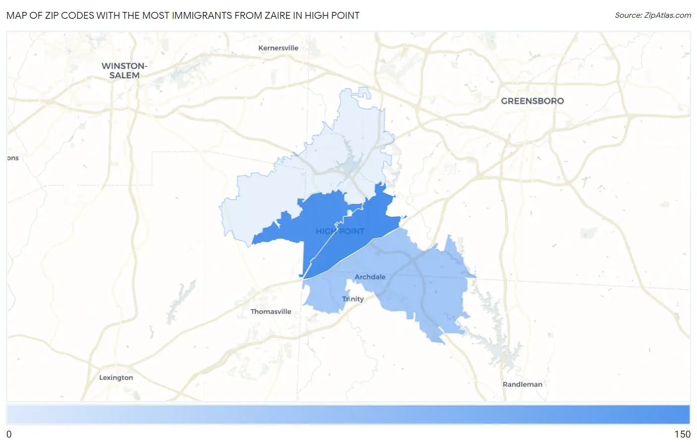 Zip Codes with the Most Immigrants from Zaire in High Point Map