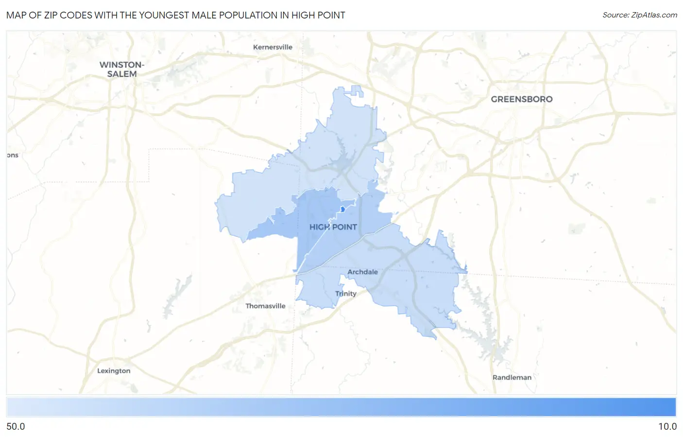 Zip Codes with the Youngest Male Population in High Point Map
