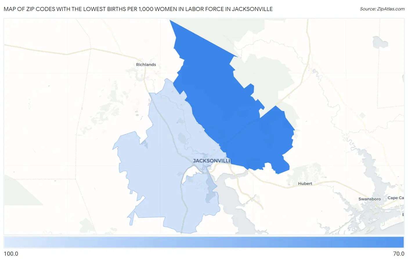 Zip Codes with the Lowest Births per 1,000 Women in Labor Force in Jacksonville Map
