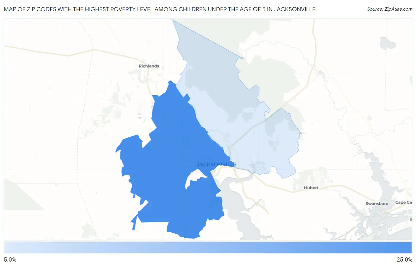 Zip Codes with the Highest Poverty Level Among Children Under the Age of 5 in Jacksonville Map