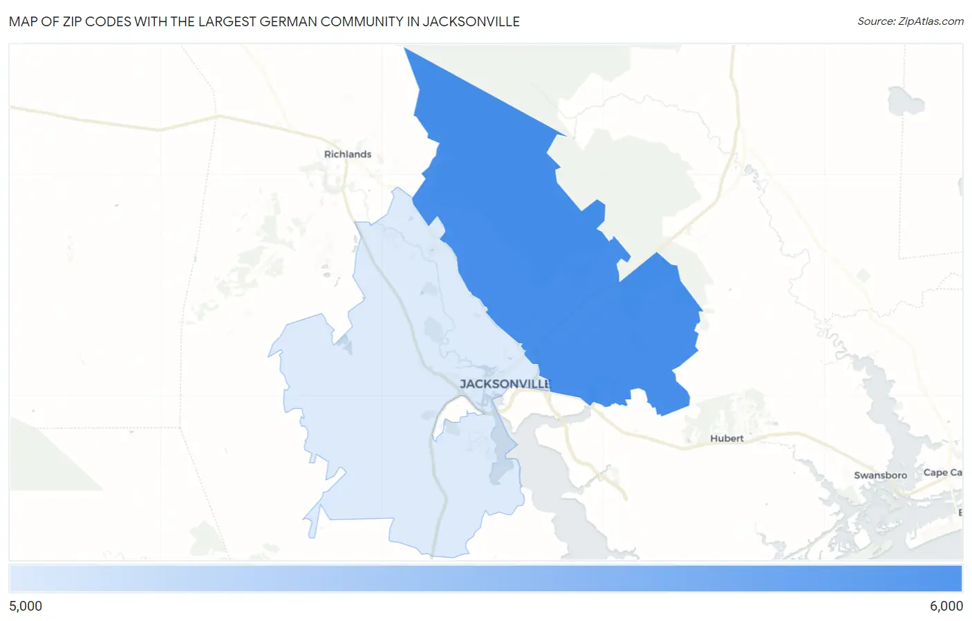 Zip Codes with the Largest German Community in Jacksonville Map