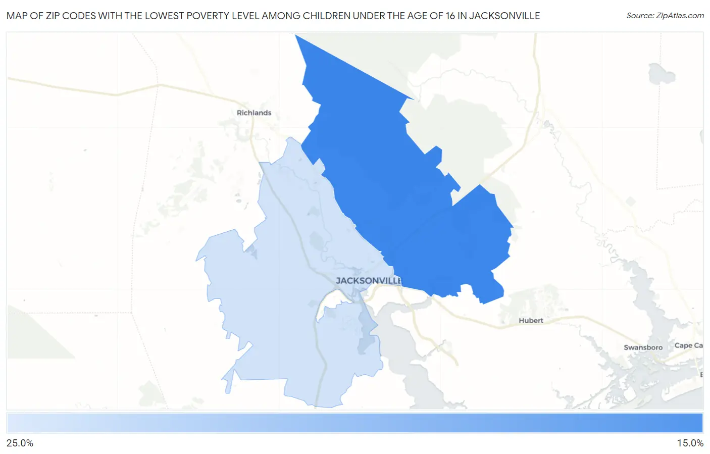 Zip Codes with the Lowest Poverty Level Among Children Under the Age of 16 in Jacksonville Map