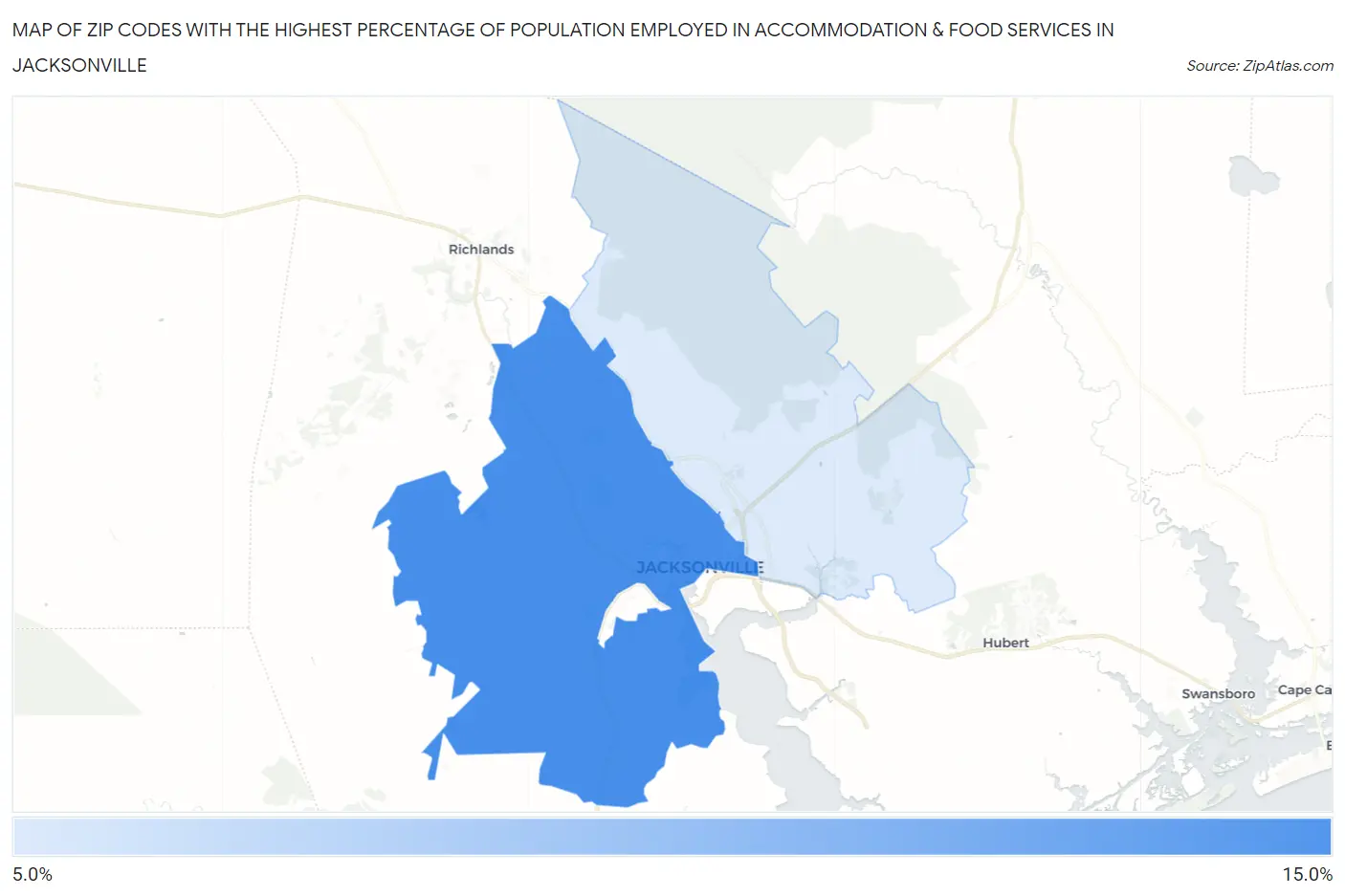 Zip Codes with the Highest Percentage of Population Employed in Accommodation & Food Services in Jacksonville Map