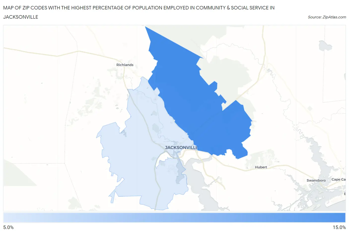 Zip Codes with the Highest Percentage of Population Employed in Community & Social Service  in Jacksonville Map