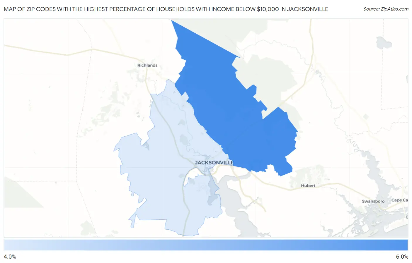 Zip Codes with the Highest Percentage of Households with Income Below $10,000 in Jacksonville Map