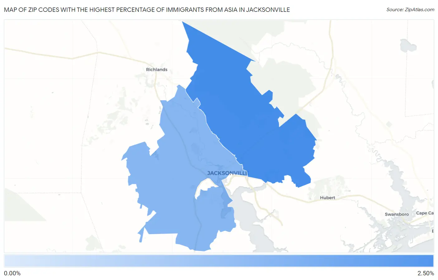 Zip Codes with the Highest Percentage of Immigrants from Asia in Jacksonville Map