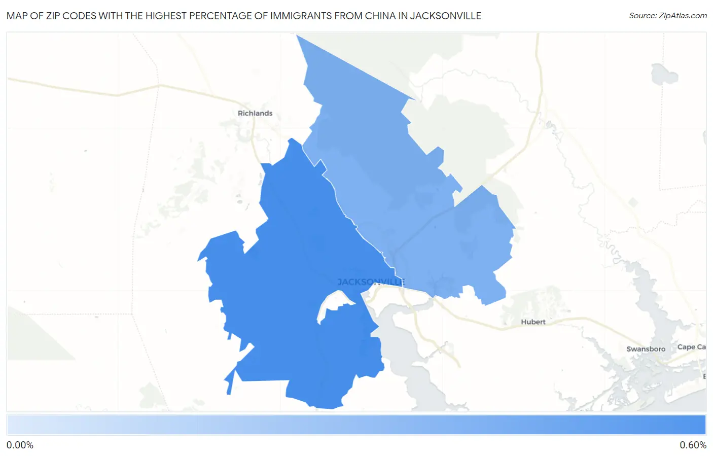 Zip Codes with the Highest Percentage of Immigrants from China in Jacksonville Map