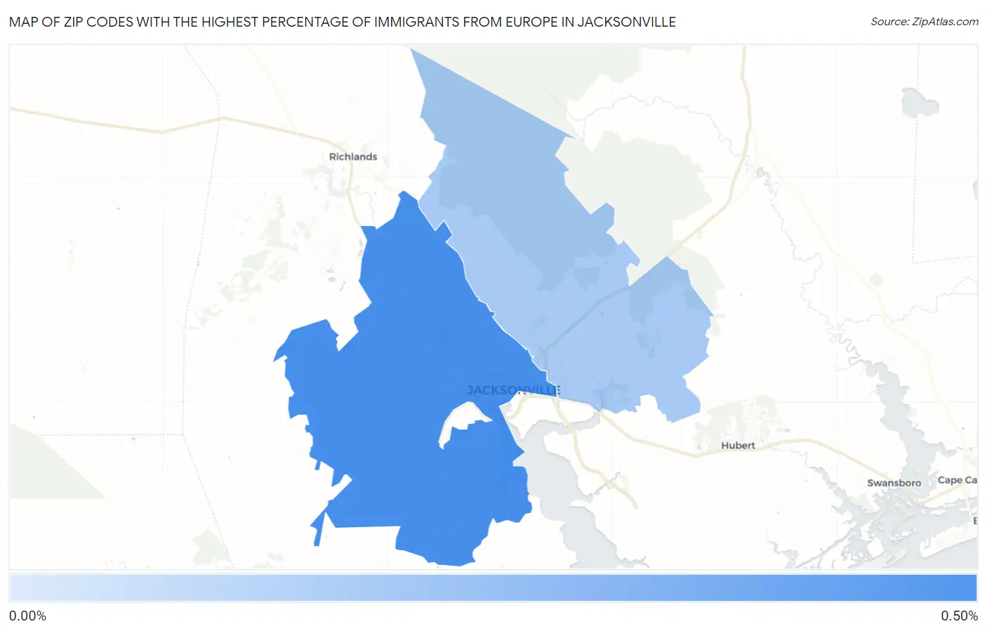 Zip Codes with the Highest Percentage of Immigrants from Europe in Jacksonville Map