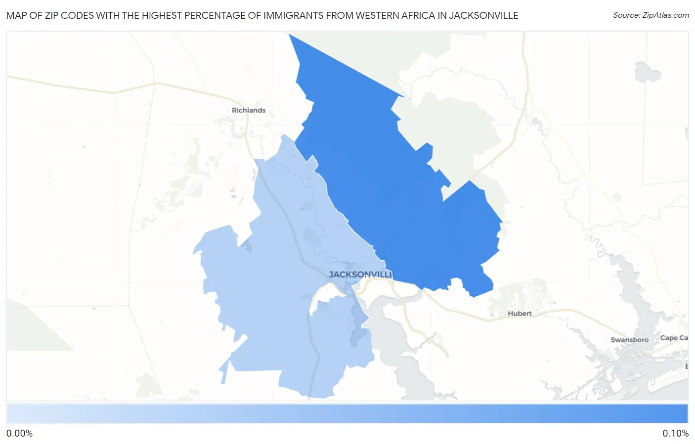 Zip Codes with the Highest Percentage of Immigrants from Western Africa in Jacksonville Map