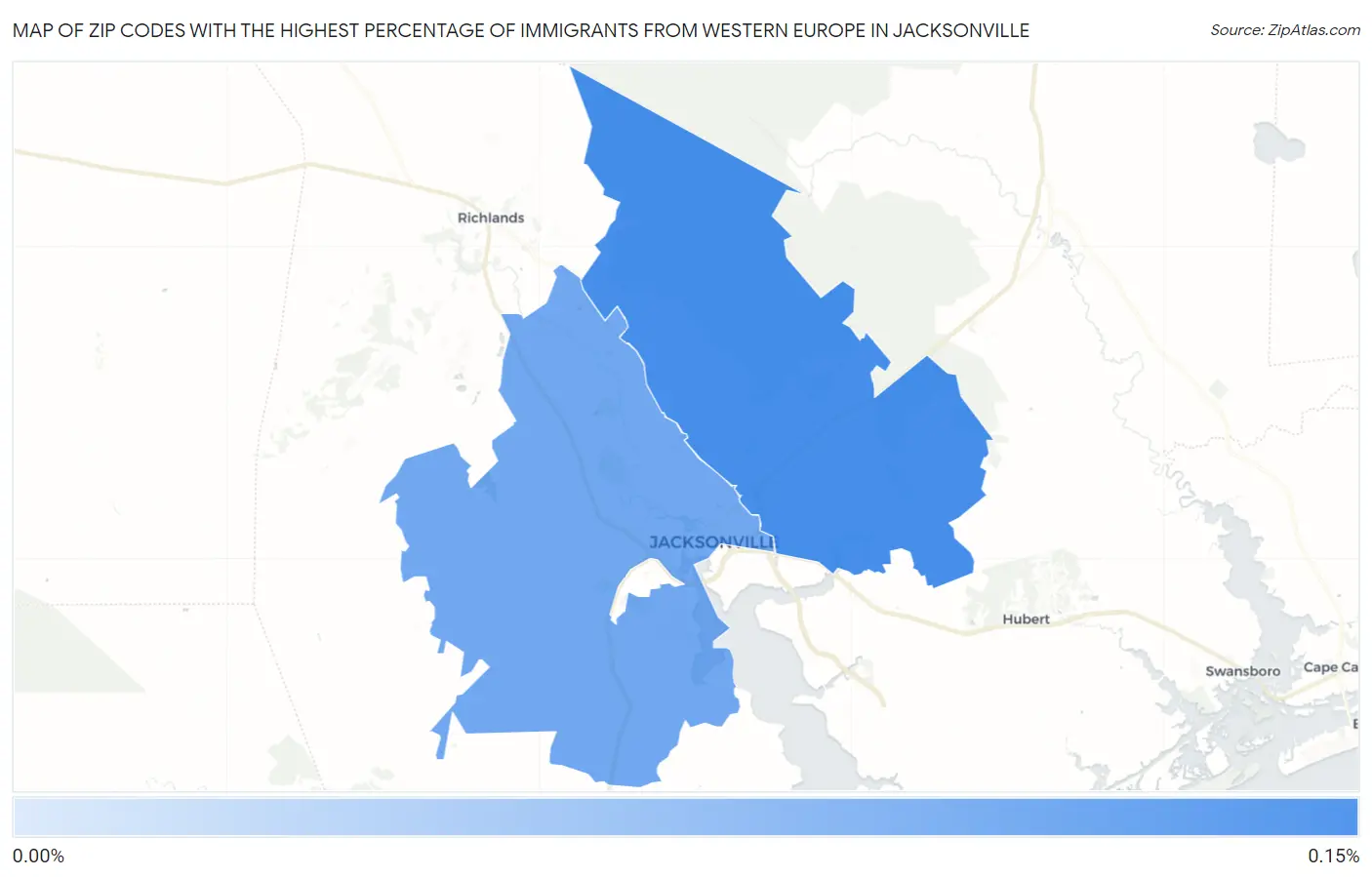 Zip Codes with the Highest Percentage of Immigrants from Western Europe in Jacksonville Map