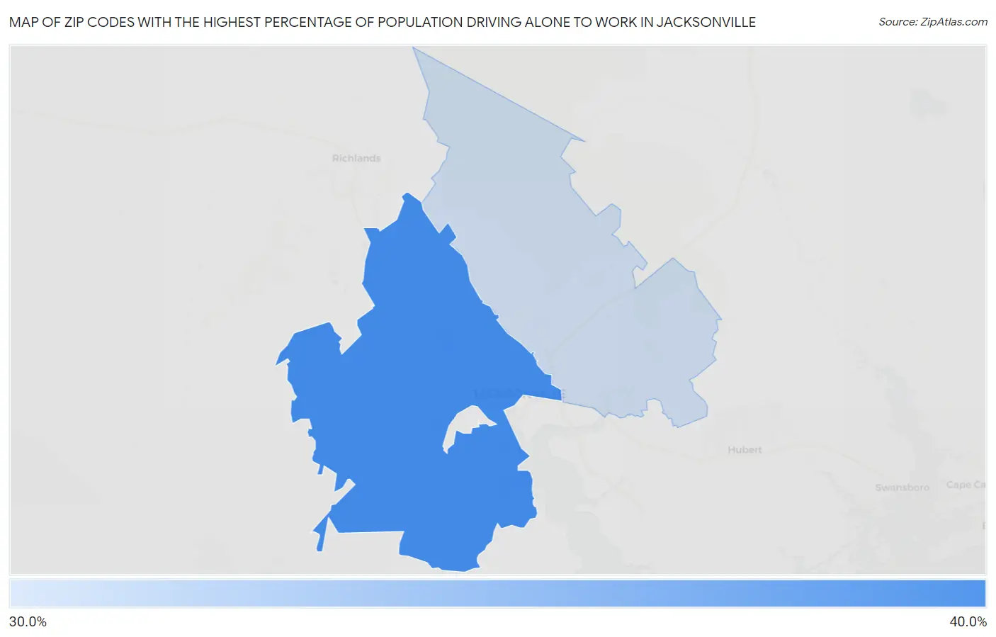Zip Codes with the Highest Percentage of Population Driving Alone to Work in Jacksonville Map