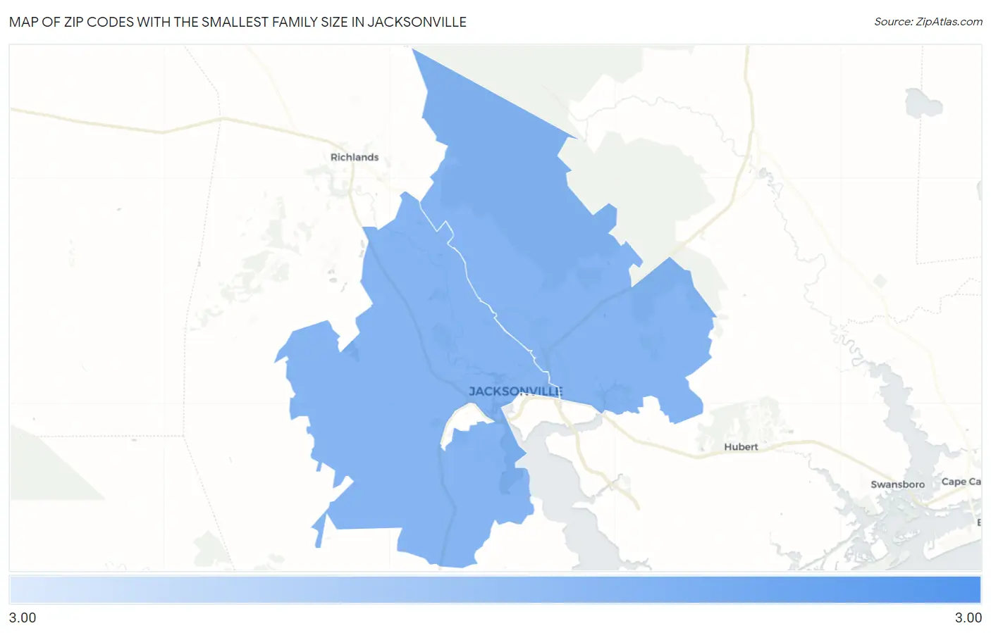 Zip Codes with the Smallest Family Size in Jacksonville Map
