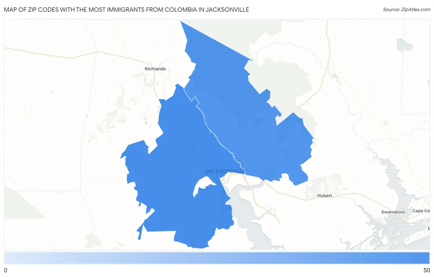 Zip Codes with the Most Immigrants from Colombia in Jacksonville Map
