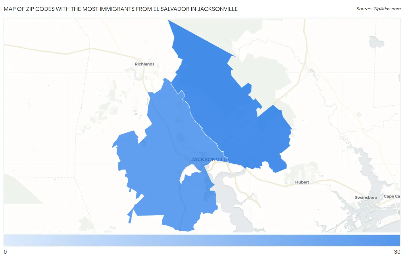 Zip Codes with the Most Immigrants from El Salvador in Jacksonville Map