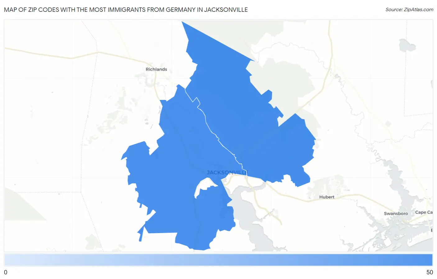 Zip Codes with the Most Immigrants from Germany in Jacksonville Map