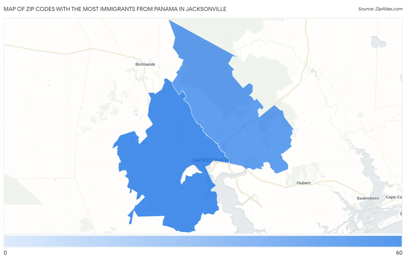 Zip Codes with the Most Immigrants from Panama in Jacksonville Map