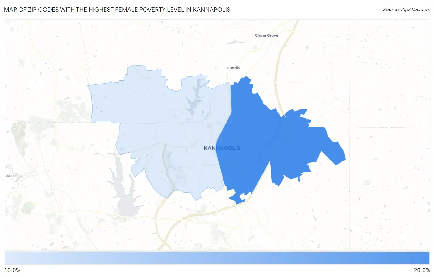 Zip Codes with the Highest Female Poverty Level in Kannapolis Map
