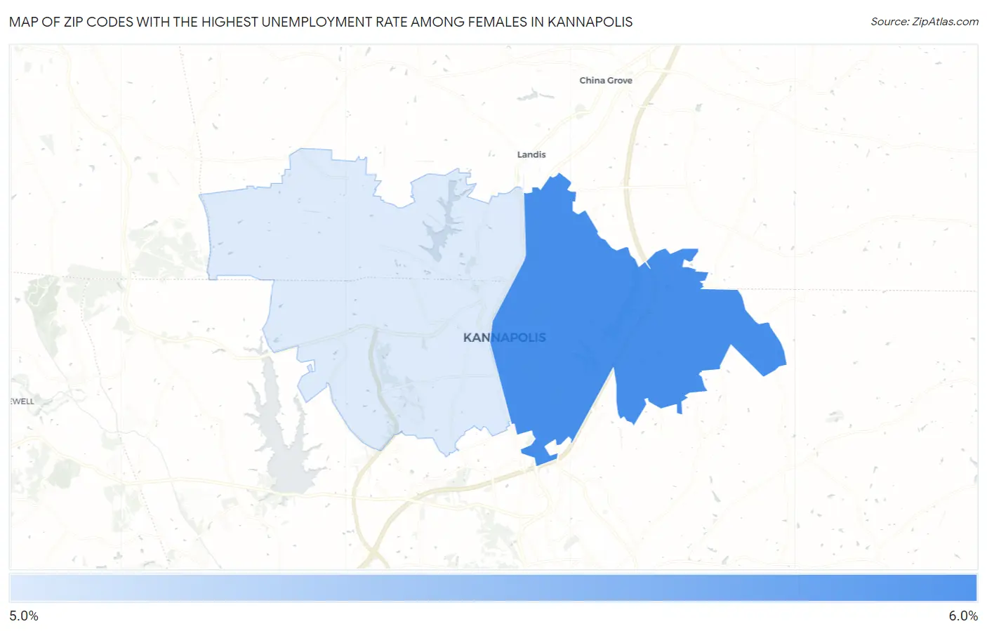 Zip Codes with the Highest Unemployment Rate Among Females in Kannapolis Map