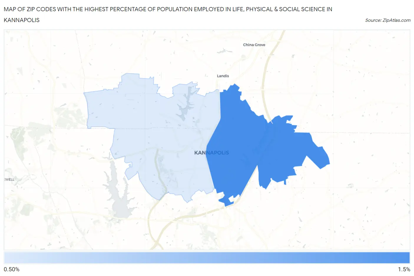 Zip Codes with the Highest Percentage of Population Employed in Life, Physical & Social Science in Kannapolis Map