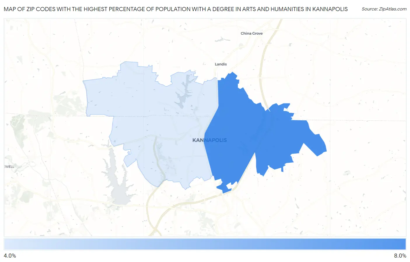 Zip Codes with the Highest Percentage of Population with a Degree in Arts and Humanities in Kannapolis Map