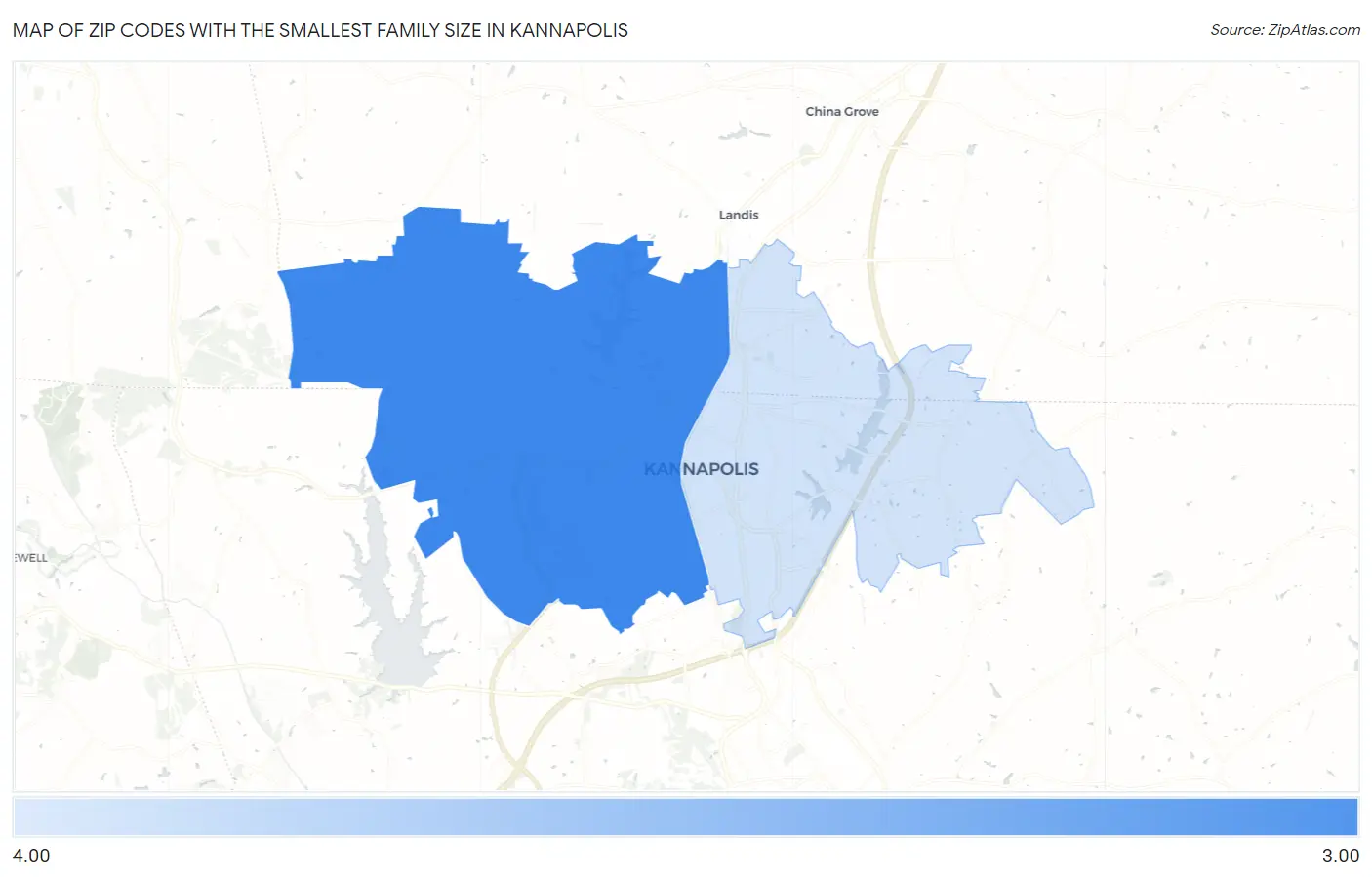 Zip Codes with the Smallest Family Size in Kannapolis Map