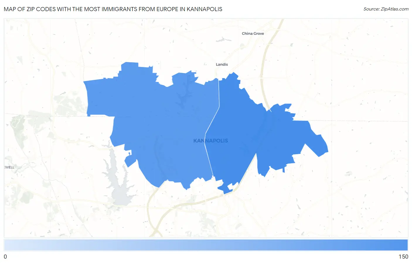 Zip Codes with the Most Immigrants from Europe in Kannapolis Map