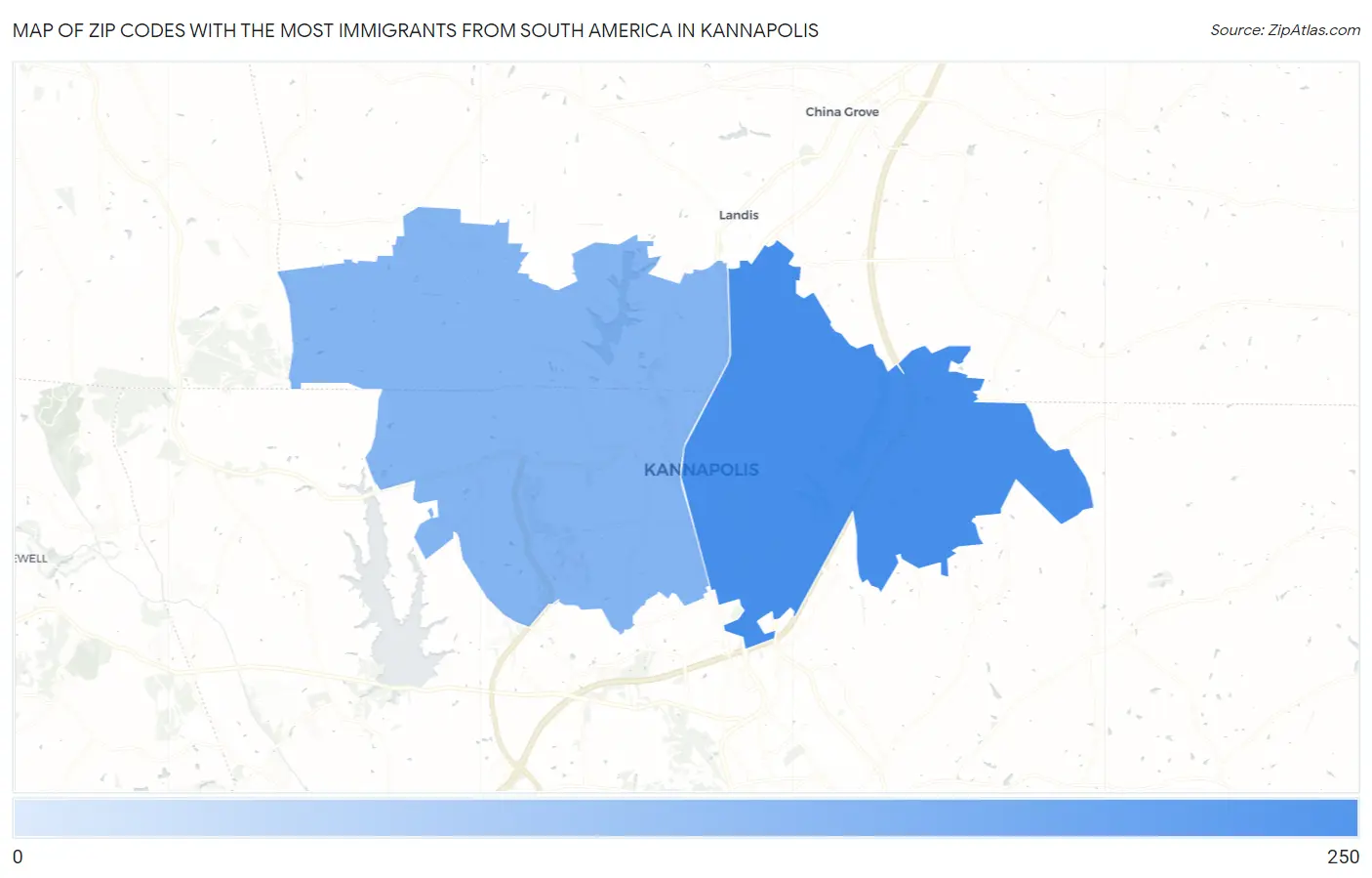 Zip Codes with the Most Immigrants from South America in Kannapolis Map