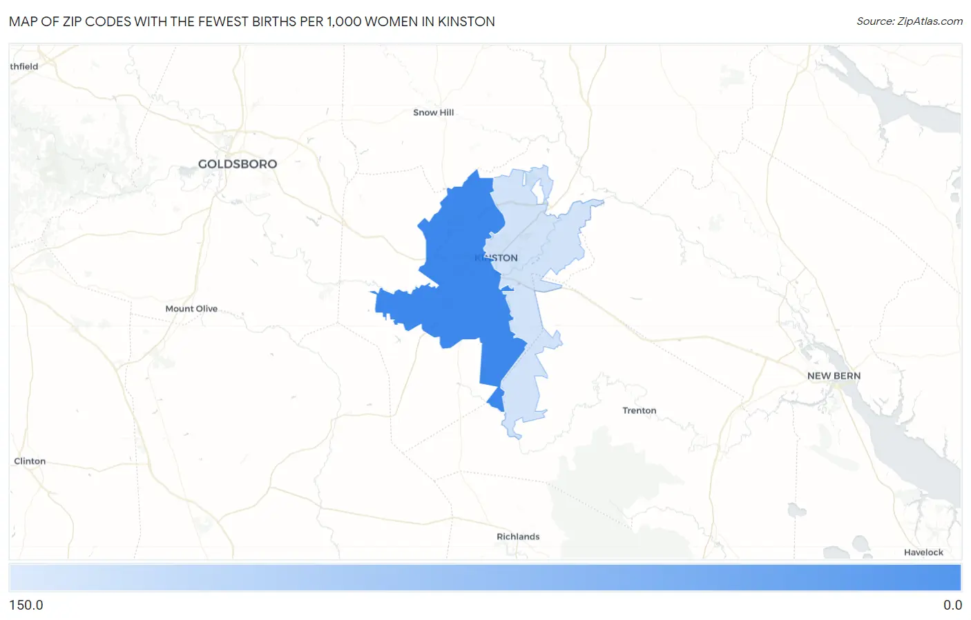 Zip Codes with the Fewest Births per 1,000 Women in Kinston Map