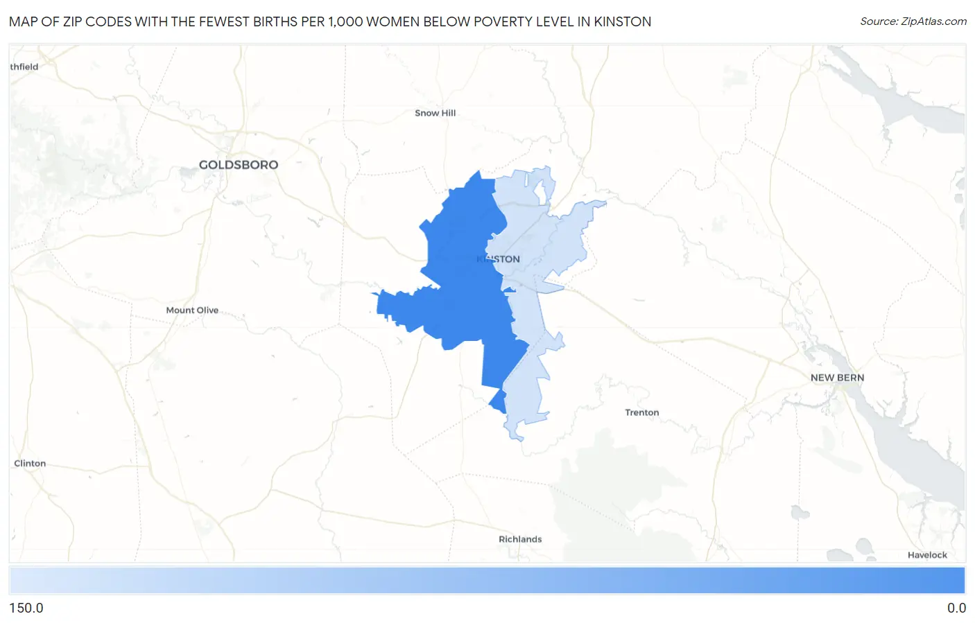 Zip Codes with the Fewest Births per 1,000 Women Below Poverty Level in Kinston Map