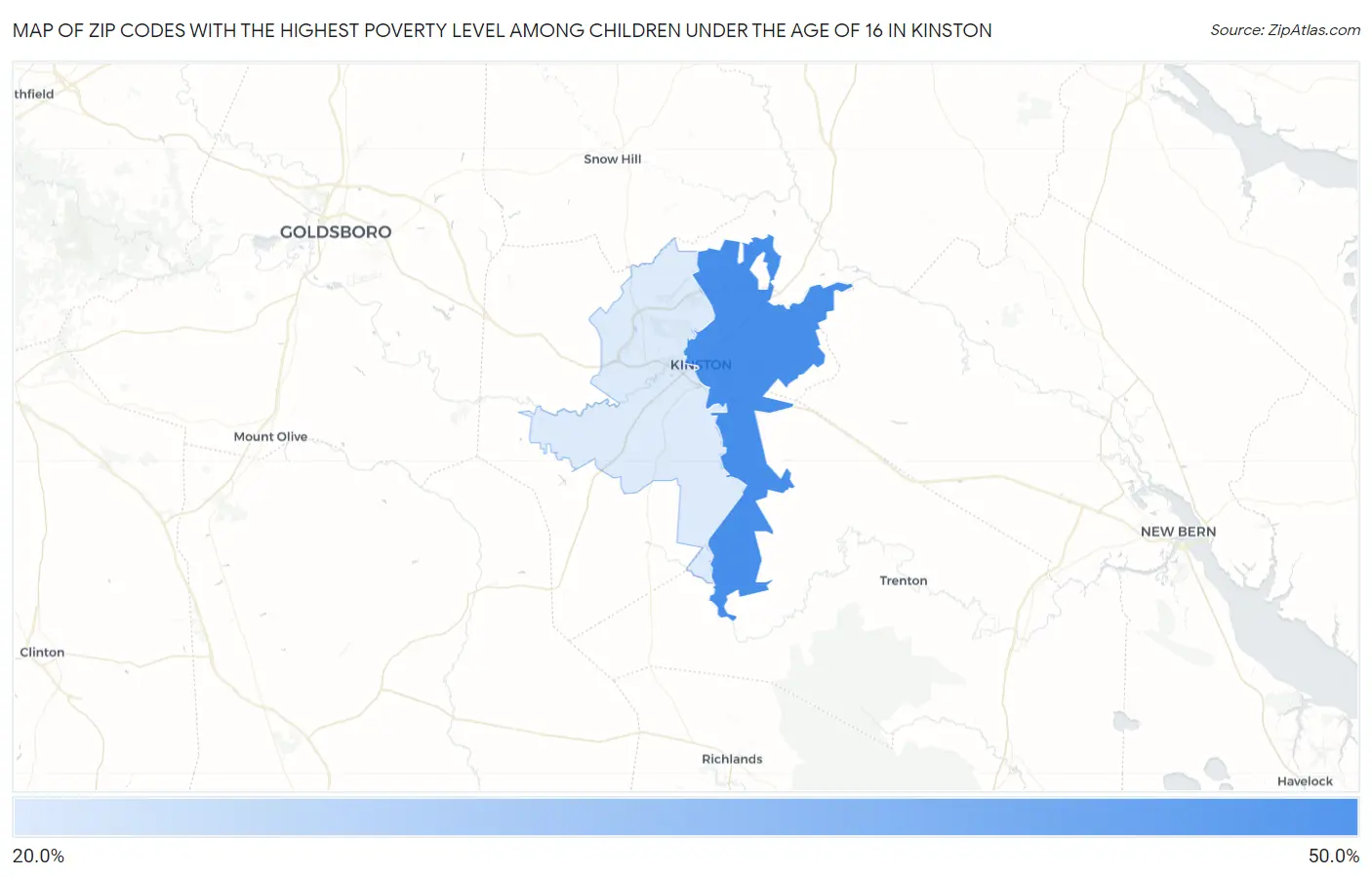 Zip Codes with the Highest Poverty Level Among Children Under the Age of 16 in Kinston Map