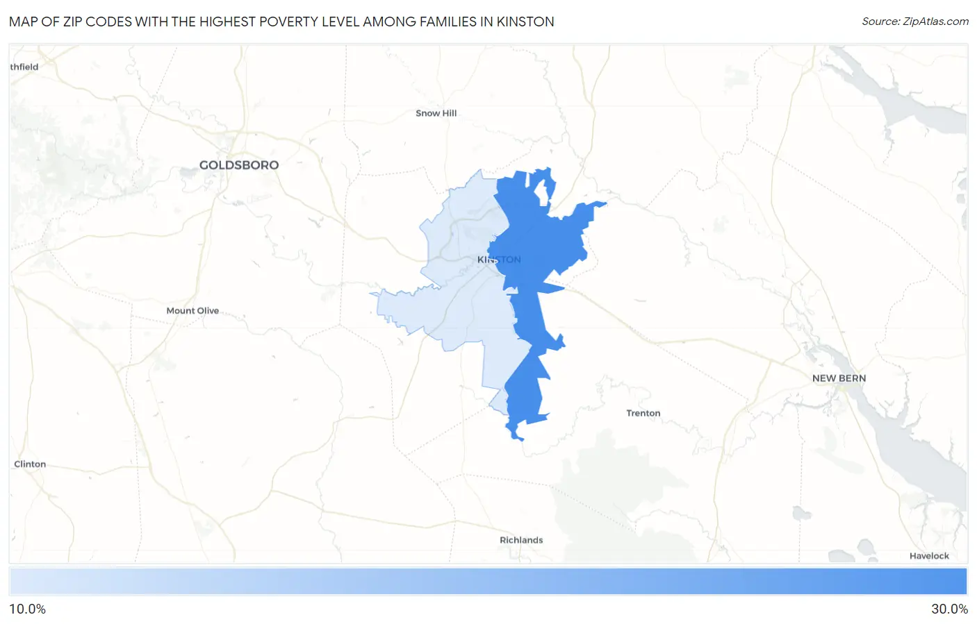 Zip Codes with the Highest Poverty Level Among Families in Kinston Map