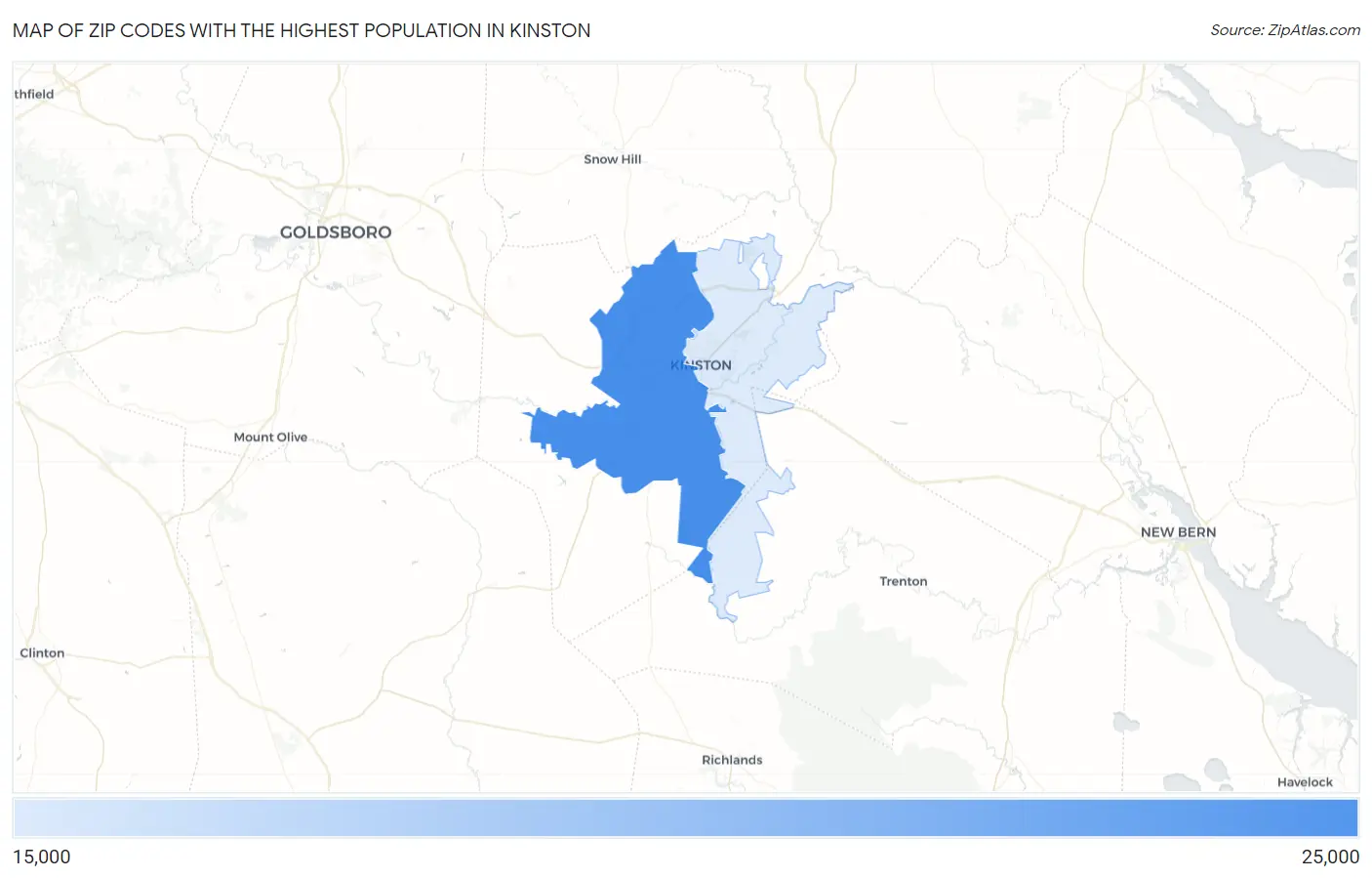 Zip Codes with the Highest Population in Kinston Map